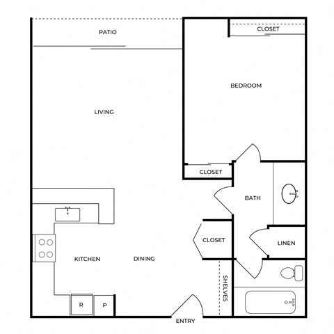 Floor plan for 1 bed, 1 bath, 725 sqft